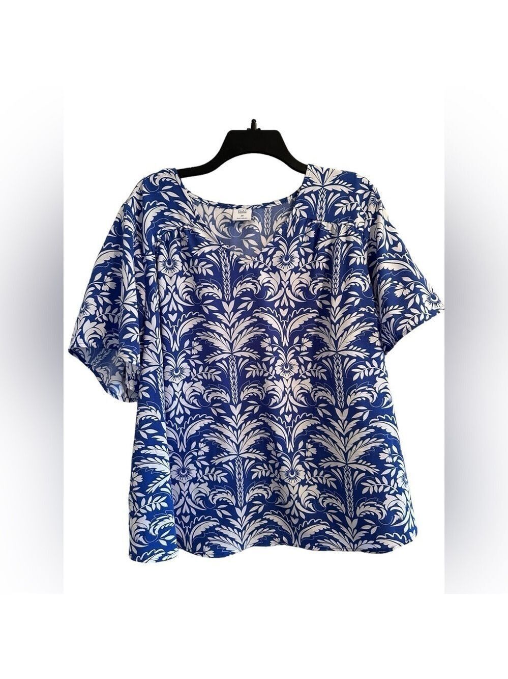 Croft & Barrow Tropical Floral Blouse Womens 2X Short Flutter Sleeves Blue